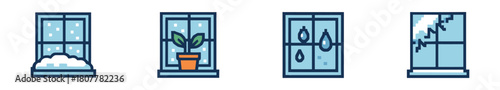 Four minimalist window illustrations in an outlined style, depicting various weather conditions: snow, a potted plant, rain, and a winter storm, set against