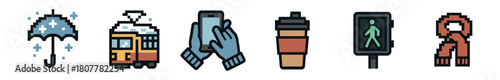 A colorful pixel art icon set depicting urban and weather elements, including an umbrella, tram, smartphone, coffee cup, pedestrian signal, and a warm scarf