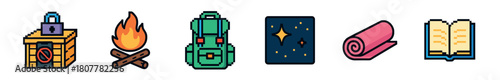A vibrant set of pixel art icons featuring outdoor adventure essentials such as a locked treasure chest, a cozy campfire, a green backpack, a starry night, a pink sleeping mat, and an open book