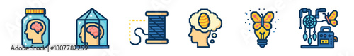 A vibrant collection of six pixel art icons on a white background, illustrating abstract concepts including brains, a thread spool, a thought bubble, a butterfly lightbulb, and a complex machine