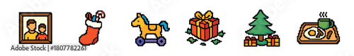 A collection of colorful pixel art icons featuring a family portrait, Christmas stocking, toy horse, gift box, festive tree, and a cozy breakfast tray