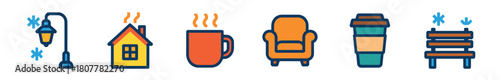 Colorful flat design icons depicting winter and cozy elements, featuring a snowy streetlight, a warm house, steaming drinks, a comfortable armchair, and a snowy park bench