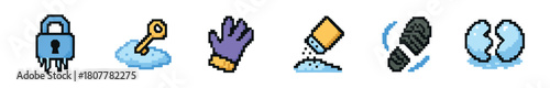 A collection of six distinct pixel art icons, including a frozen padlock, a key in a cloud, a purple glove, a salt shaker, a footprint in snow, and a broken egg