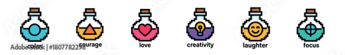 A vibrant set of six pixel art potion bottles, each with colorful liquid and a symbol representing positive human qualities such as calm, courage, love, creativity, laughter, and focus