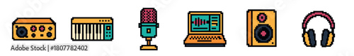 A vibrant pixel art collection of music and audio equipment, including a radio, keyboard, microphone, laptop, speaker, and headphones, evoking retro gaming charm