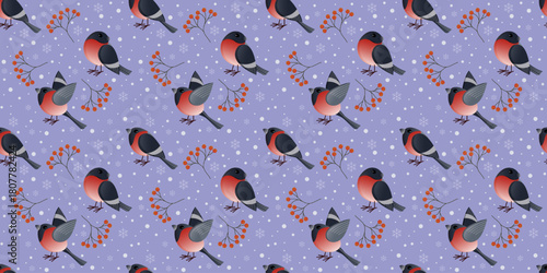 A cozy winter pattern featuring bullfinches