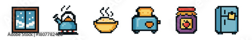 A vibrant collection of pixel art icons depicting common household items like a window, steaming beverages, a toaster, a sauce bottle, and a refrigerator, presented in a retro 8-bit style