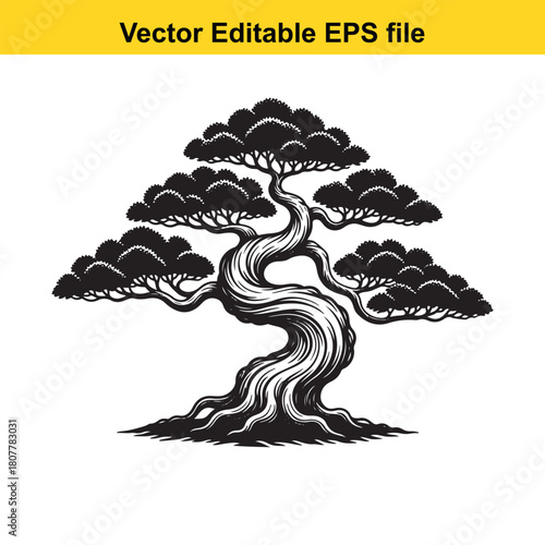 An elegant bonsai tree with meticulously pruned branches and vibrant leaves, embodying the essence of patience and artistry isolated on
