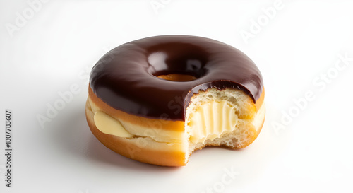 Indulge in this decadent chocolate glazed donut filled with creamy vanilla custard bliss