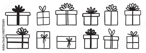 gift box doodle. Gift doodle bow present with ribbon illustration. Present hand drawn icon decorative outline element