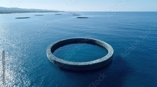 Aerial view of a boat creating waves in calm turquoise water, showcasing motion and natural patterns in a serene ocean environment.