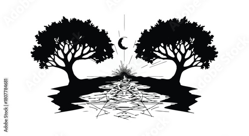 Mystical symmetrical landscape with two silhouetted trees, a crescent moon, and an intricate geometric pattern reflecting in water.