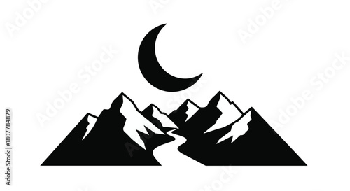 Serene mountain landscape with winding river under a crescent moon