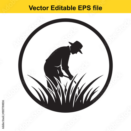 Silhouette of a farmer working in the field, cutting grass with a scythe, inside a circle isolated on vector illustration