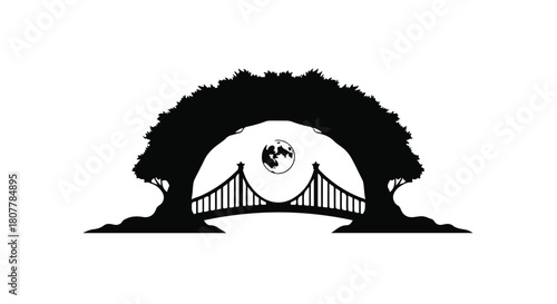 Silhouette of a majestic bridge framed by lush trees, symbolizing connection and passage.