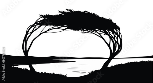 Silhouette of two wind-swept trees framing a serene lake at dusk.