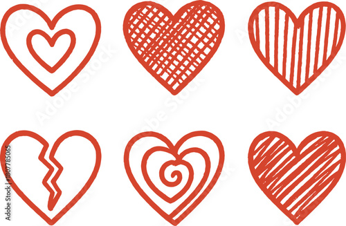 "Expressive Heart Icon Set – Red Variants Featuring Spiral, Stripes, Broken Heart, Crosshatch, and Inner Heart for Love, Emotion, and Relationship Designs"