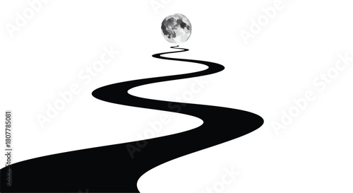A winding dark path leads towards a luminous moon in a vast white expanse.