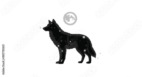 Mystical black wolf silhouette formed by stars and constellations under a crescent moon