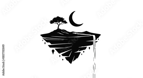 Mystical floating island with a lone tree, waterfall, and crescent moon under a starry sky.