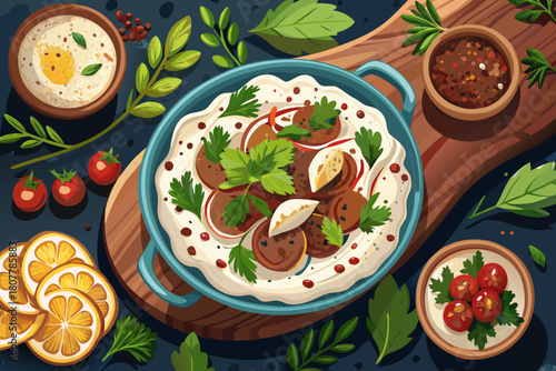 Top view of minced lamb loaves with creamy yogurt, fresh herbs and vibrant seasonings, tasty Middle Eastern-inspired dishes presented in a delicious rustic food mix for culinary photography.