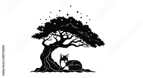 Enchanting fox rests peacefully under a starlit, silhouetted tree.
