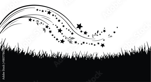 Whimsical starry swirl above lush grass, evoking magic and wonder