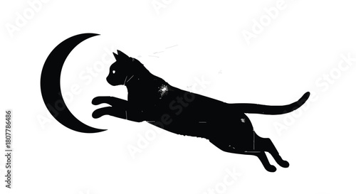 Mysterious black cat leaps gracefully towards a crescent moon against a white background.