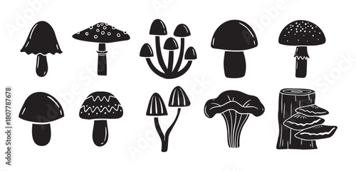 mushrooms silhouette monochrome with patterns illustration set. Trendy mushroom creative fabulous mystic folklore collection