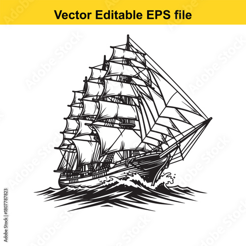 Engraving of a sailing ship on the sea, isolated on this vintage maritime scene captures the essence of nautical adventure