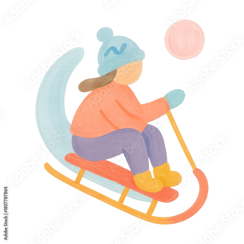 child sledding watercolor style, winter scene clip art preview