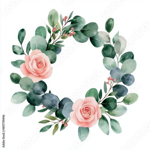 Romantic flower wreath, roses and eucalyptus leaves, watercolor design, blush and green tones, isolated on white background