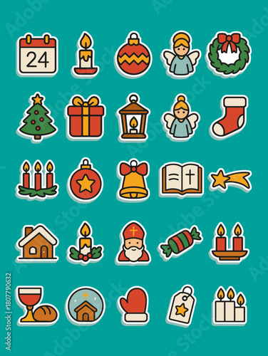 Vector collection of 25 flat Christmas and Advent icon stickers on a blue-green background. Includes traditional symbols like the calendar, and much more. Ideal for Christmas projects.