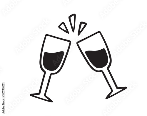 Two glasses of wine clink together icon doodle hand drawn. Outline line drawing clipart symbol