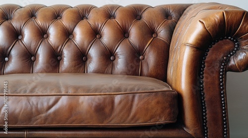 Close-up of a classic Chesterfield leather sofa with button tufting, showcasing rich texture and luxurious detail for interior design and home decor.
