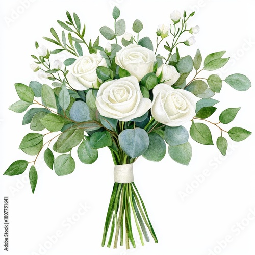 Wedding bouquet clipart, white roses and eucalyptus,