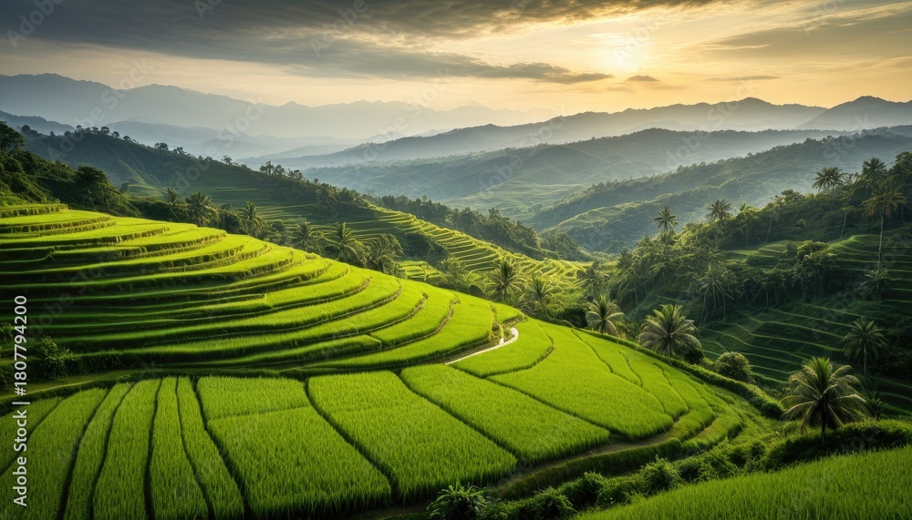 Fototapeta premium Vibrant Green Rice Terraces Bathed in Golden Sunset Light, Overlooking Majestic Asian Mountain Ranges