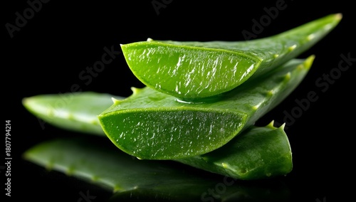 Close-Up of Fresh Aloe Vera Leaves with Gel on Black Background