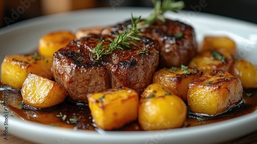 A plate of food with meat and potatoes on a table
