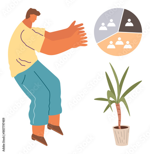 Man expressing an idea next to segmented chart of group collaboration. Ideal for teamwork, organization, planning, group dynamics, leadership, strategy, motivation. Simple flat metaphor