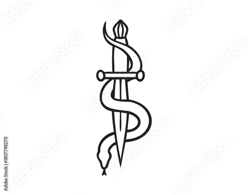Snake coiled around golden sword medieval, monochrome line art hand drawn style
