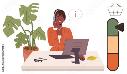 Professional support agent with a headset helping customers, sitting at a desk with a computer, modern office decor. Ideal for customer service, communication, teamwork, professionalism, technology