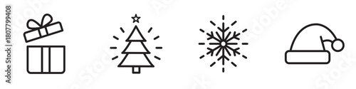 Minimalist Christmas icon set with gift box, decorated Christmas tree, snowflake and Santa hat, clean black line style holiday symbols for festive winter design, modern outline vector collection