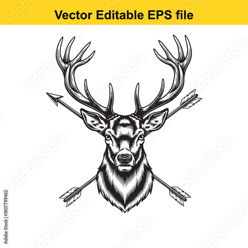 A striking monochrome illustration presents a deer head adorned with crossed arrows, embodying the spirit of the hunt isolated on