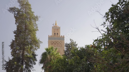 Close-up detail of the Koutoubia Mosque minaret in Marrakech.