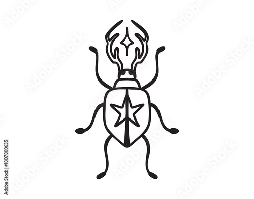 Mystical beetle with star, monochrome line art hand drawn style