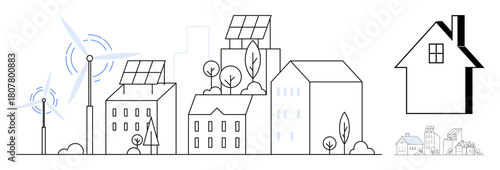 Urban buildings with solar panels, wind turbines, and greenery. Eco-friendly homes, renewable energy, urban planning, environmental sustainability, clean energy innovation green architecture. Simple