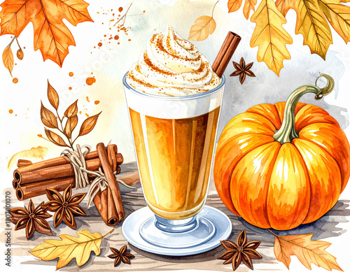 Watercolor Pumpkin Spice Latte with Creamy Topping and Autumn Flavor Elements