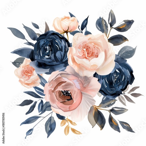 Watercolor of a navy blue and blush roses, in white background