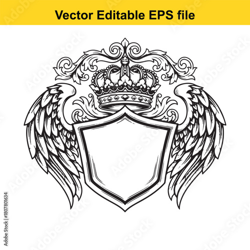 Heraldic shield with crown and wings isolated on coat of arms template tattoo design element vector illustration in engraving style